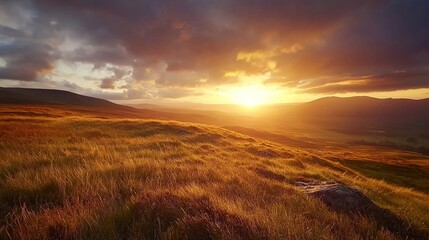Obraz premium Vibrant Sunset Over Serene Mountain Landscape.