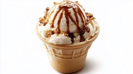 A single scoop of vanilla ice cream topped with caramel sauce and granola in a waffle cone.