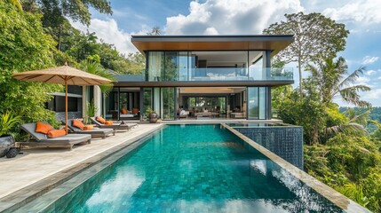 Modern luxury villa with infinity pool overlooking lush green tropical jungle.