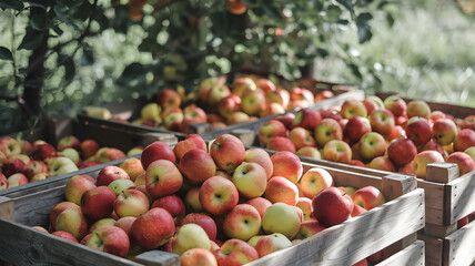 Harvested apples in wooden crates at an orchard on a sunny autumn day