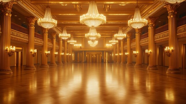 Grand ballroom with golden columns, chandeliers, and wooden floor.