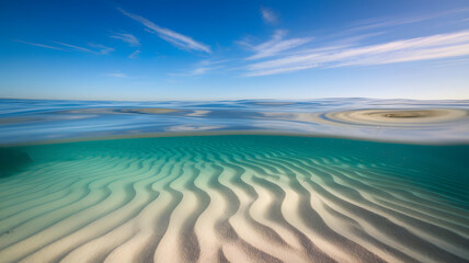 Fototapeta premium Unique underwater landscape showcasing rippled sandy bottom beneath crystal clear water during a sunny day