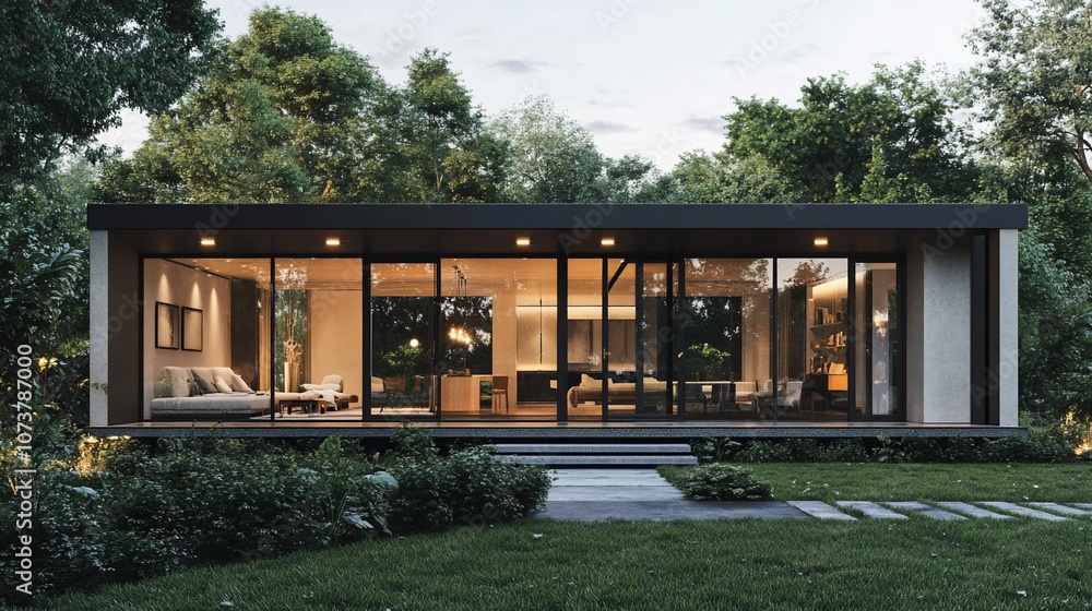 Poster modern minimalist home with large windows and a spacious backyard, surrounded by lush greenery.