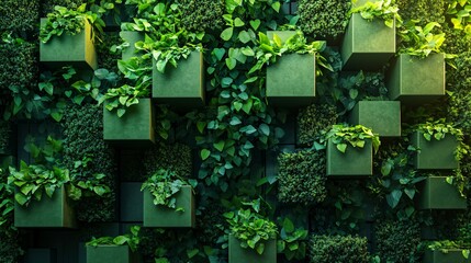 Fototapeta premium The concept of urban greenery showcases the integration of green spaces within a city environment. Abstract cubes, symbolizing urban structures, adorned with lush green leaves