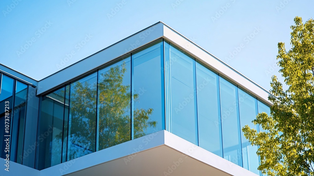 Poster modern office building with large glass windows and a tree in the foreground against a blue sky.