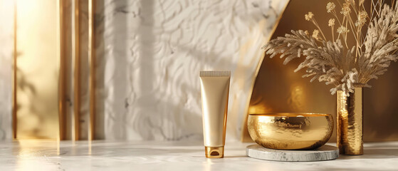 Luxury, marble interior of bathroom with countertop, golden accessories, cosmetics, product bottles, flowers. Showcase. Contemporary hotel design. Generative ai