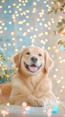 Square featuring golden retriever dog sitting - upright its tongue