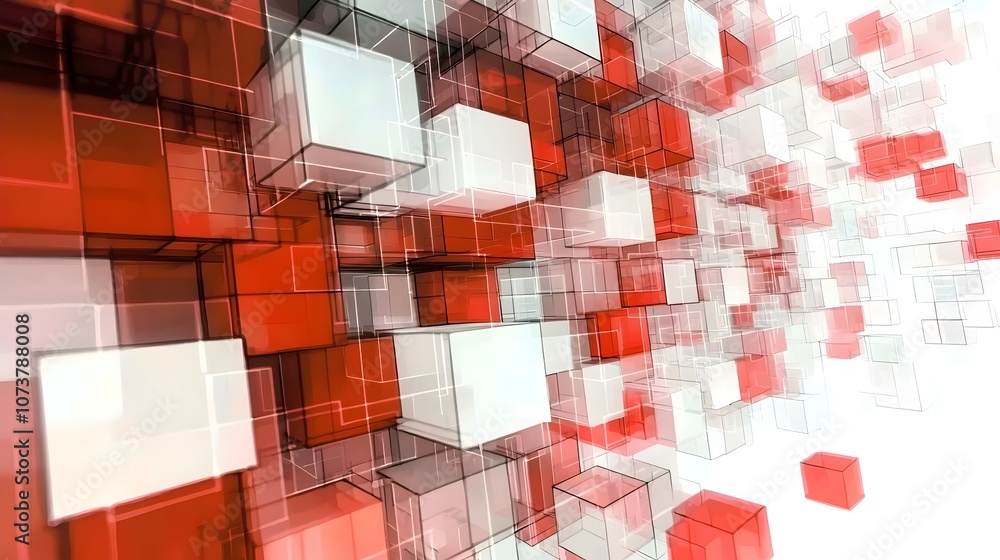 Poster an abstract digital landscape featuring interlocking transparent cubes in shades of red and white, c