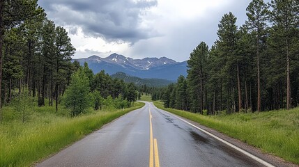Fototapeta premium A winding road leads through a forest towards the snow-capped peaks of a mountain range.
