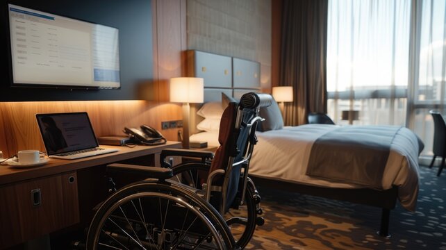 Modern accessible hotel room with wheelchair and comfortable amenities