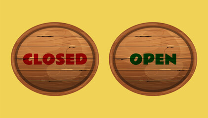 Wooden vintage closed open text board frame concept. Vector flat graphic design element concept illustration