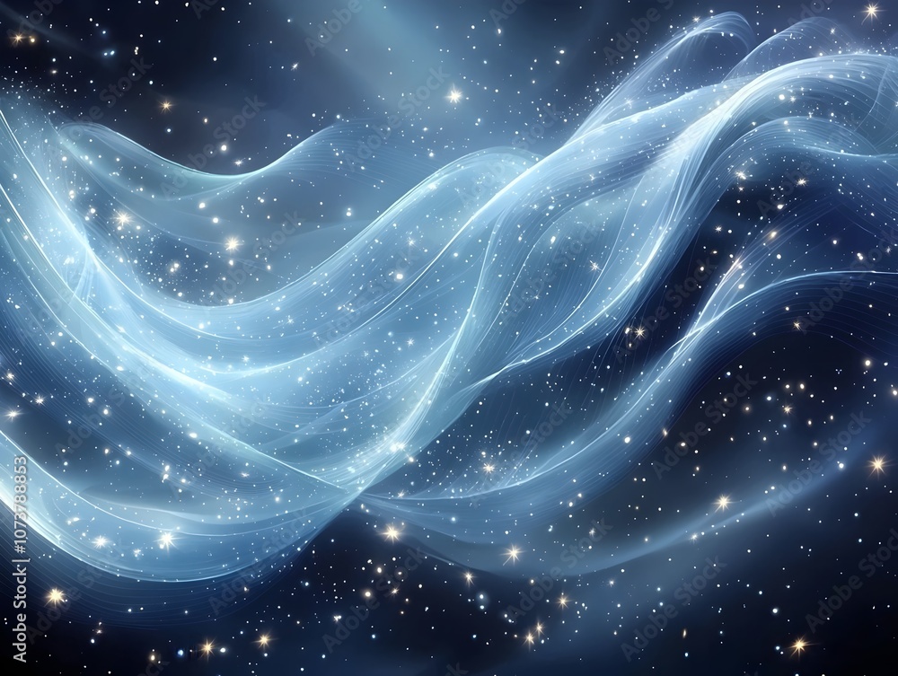 Poster a mesmerizing swirl of blue and white light waves dances through a starry backdrop, creating a seren