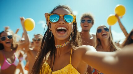 Happy young woman with friends taking a selfie at a beach party.