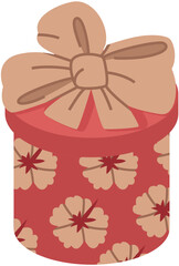 decorated gift box with bow. holiday present box, tied with beige wrapping ribbon. happy birthday, Christmas, New Year, wedding or Valentine day package concept. vector flat illustration isolated. 