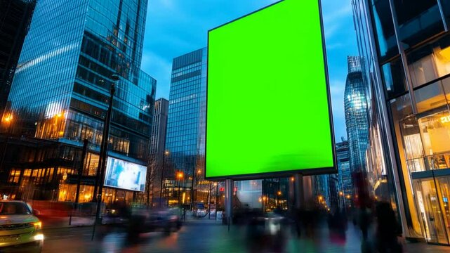 Mock up billboard on the background of timelapse busy street of modern city, green  chrome key screen advertising