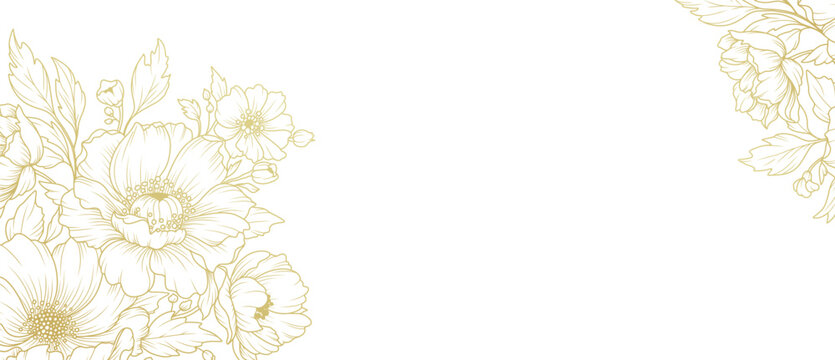 Abstract floral background with golden line art of flowers and leaves. Luxury hand drawn frame, border. Vector illustration for design of card, banner, invitation, advertising and packaging