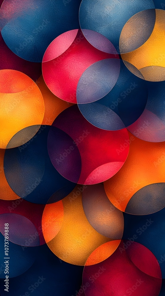 Poster an abstract composition of vibrant circles in red, orange, and blue tones, creating a dynamic visual