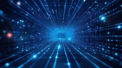 Naklejka premium Abstract digital grid with blue glowing lines and dots, creating a futuristic and technological atmosphere.