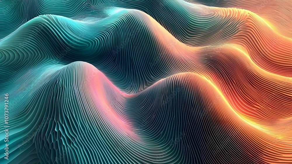 Poster an abstract landscape of layered waves in vibrant turquoise and warm orange hues, creating a mesmeri