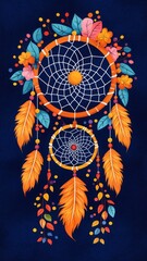 Vivid illustration of a dreamcatcher adorned with bright orange feathers, colorful beads, and floral decorations on a dark blue background