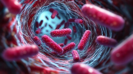 A microscopic view of red bacteria suspended within the human body, highlighting intricate textures and a lively biological environment