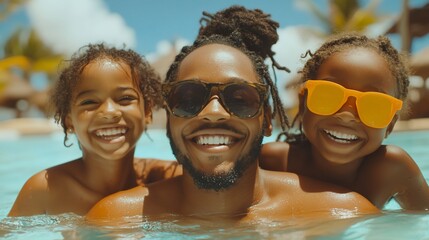 Obraz premium Happy family of three in the pool enjoying the sun.