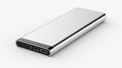 A sleek silver power bank with a digital display, lying flat on a white background