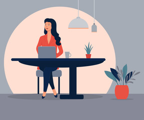 Woman working on a laptop. Studying or working from home. Secretary, female CEO, student or freelancer working online. Vector illustration in flat style. Home office concept.