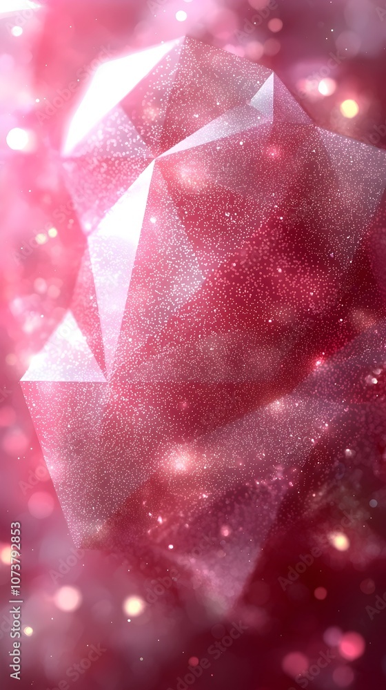 Poster A stunning abstract image featuring shimmering pink geometric shapes, creating a sense of depth and movement, illuminated by soft glows and sparkling particles.
