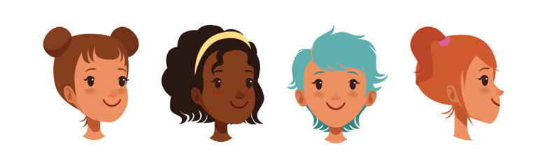 Teen Girl Smiling Face Head with Different Hairstyle Vector Set