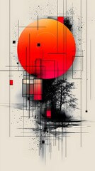 A vibrant abstract composition featuring a large orange sun, geometric shapes, and a silhouette of a tree, creating a captivating contrast of colors and forms.