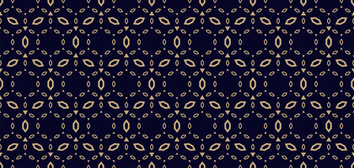 Abstract golden geometric seamless pattern in arabesque style. Vector minimalist texture with diamond shapes, grid, delicate lattice. Gold and black elegant background. Luxury dark repeating design