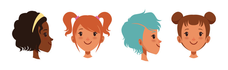 Teen Girl Smiling Face Head with Different Hairstyle Vector Set