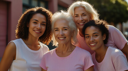 Obraz premium Group of women wearing clear blank pink t shirts on the sunny street. Breast Cancer Awareness. Cancer Survivors and support community.