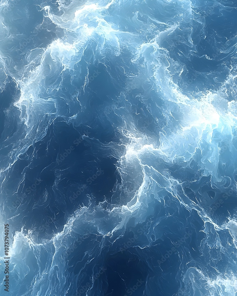 Poster an abstract depiction of crashing ocean waves in various shades of blue, creating a dynamic and ener