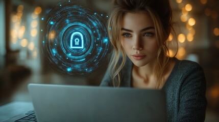 Woman at Laptop with Cybersecurity Lock Icon Hologram, Symbolizing Digital Privacy and Data Protection