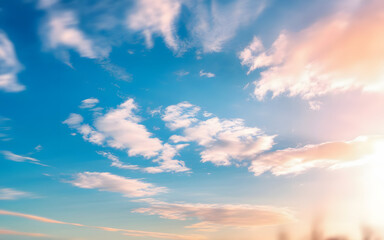 Obraz premium Sky's Canvas: A serene and vibrant sky painted with delicate wisps of clouds, bathed in the golden hues of a setting sun, creating a breathtaking and peaceful backdrop. 