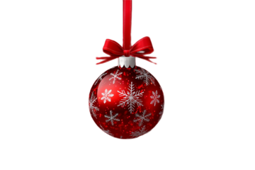 red christmas ball with ribbon on transparent background 