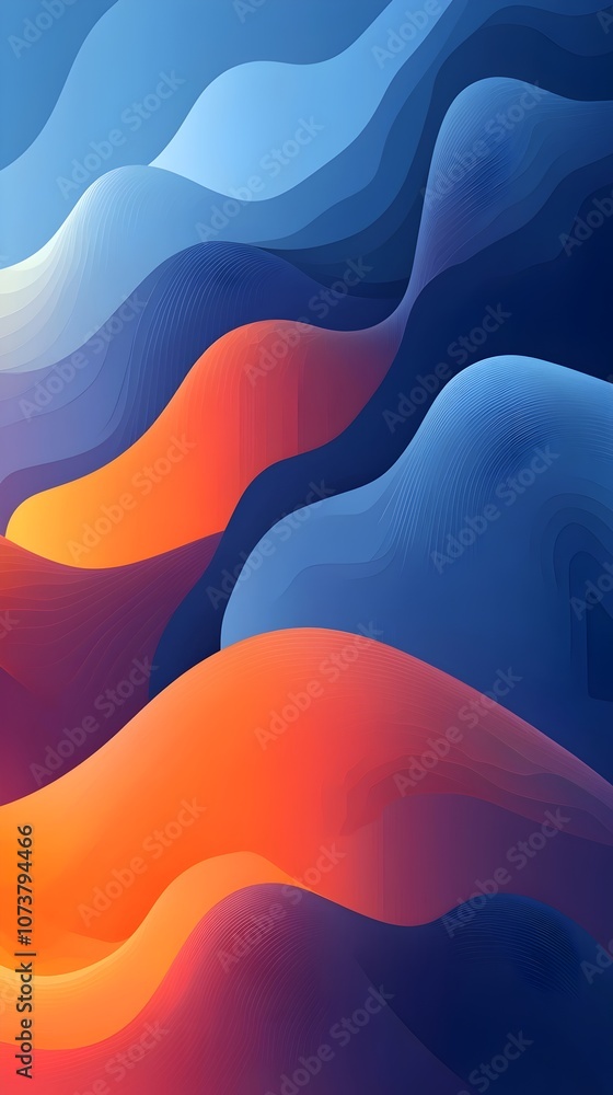 Poster an abstract gradient design featuring flowing waves in vibrant blue and orange hues, creating a dyna