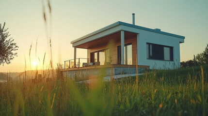 Depicts modern one story house all - glass front facade