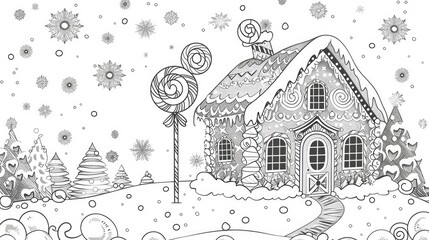 gingerbread house in the snow with candy