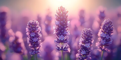 Obraz premium A serene field of lavender flowers bathed in soft sunlight, creating a tranquil and dreamy atmosphere with vibrant purple hues and delicate blooms.
