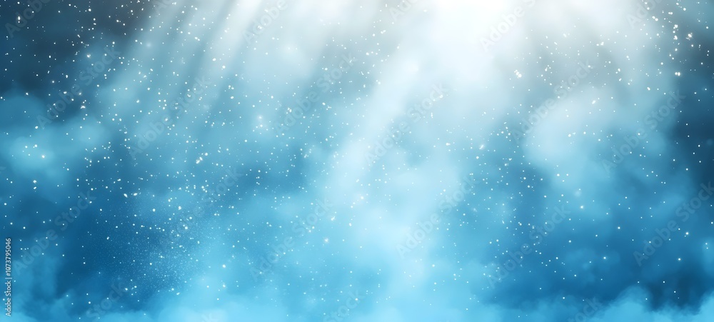 Poster a breathtaking scene of soft blue clouds illuminated by radiant light, creating a serene atmosphere 