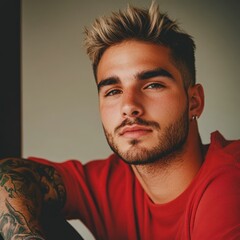 Obraz premium A young man with stylish hair and a well-groomed beard gazes confidently at the camera, wearing a casual red shirt, This image can be used for lifestyle branding, fashion, or personal expression,