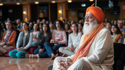 Obraz premium An elderly man wearing an orange turban and traditional clothing sits calmly among a captivated audience