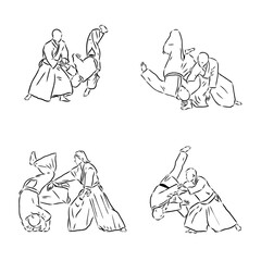 Aikido combat between athletes, stylized vector illustration
