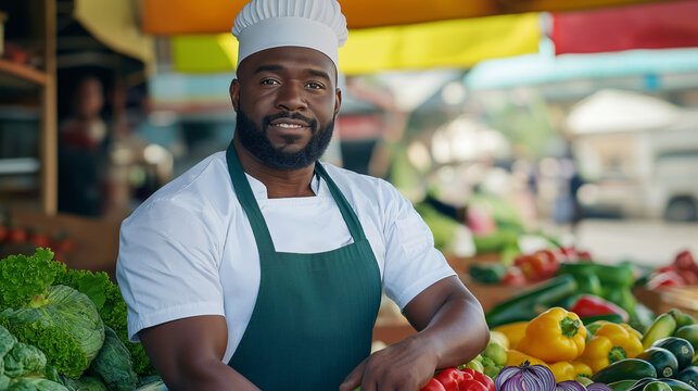 Confident Chef at Farmers Market with Fresh Vegetables Display