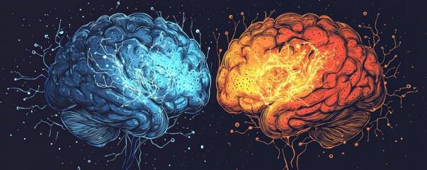Vivid illustration of a brain with digital and organic halves