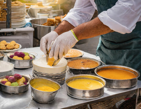 Manos con guantes sirviendo dulces tradicionales indios en el mercado.
