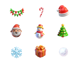 Christmas icons set. Santa Claus, holly, gift box, bottle, bow, snowflake, christmas tree, santa hat. 3d isolated objects